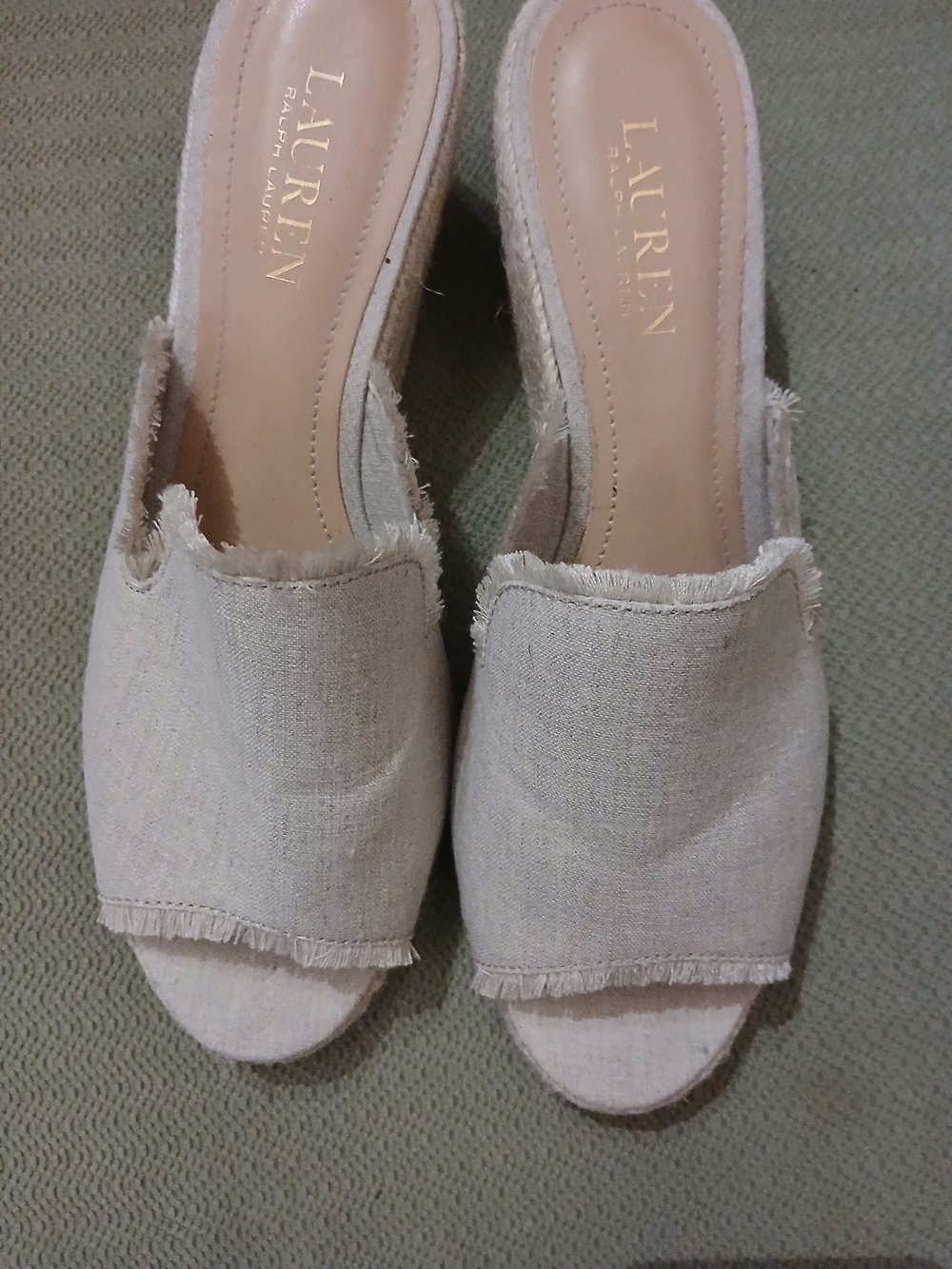 Lauren Ralph Lauren Frayed Edge Linen Slide Mules in Beige Size 8.5 Open Toe